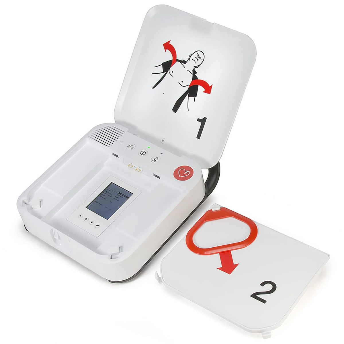 Physio-Control LIFEPAK CR2 AED Trainer open, showing the training display screen and electrode connector