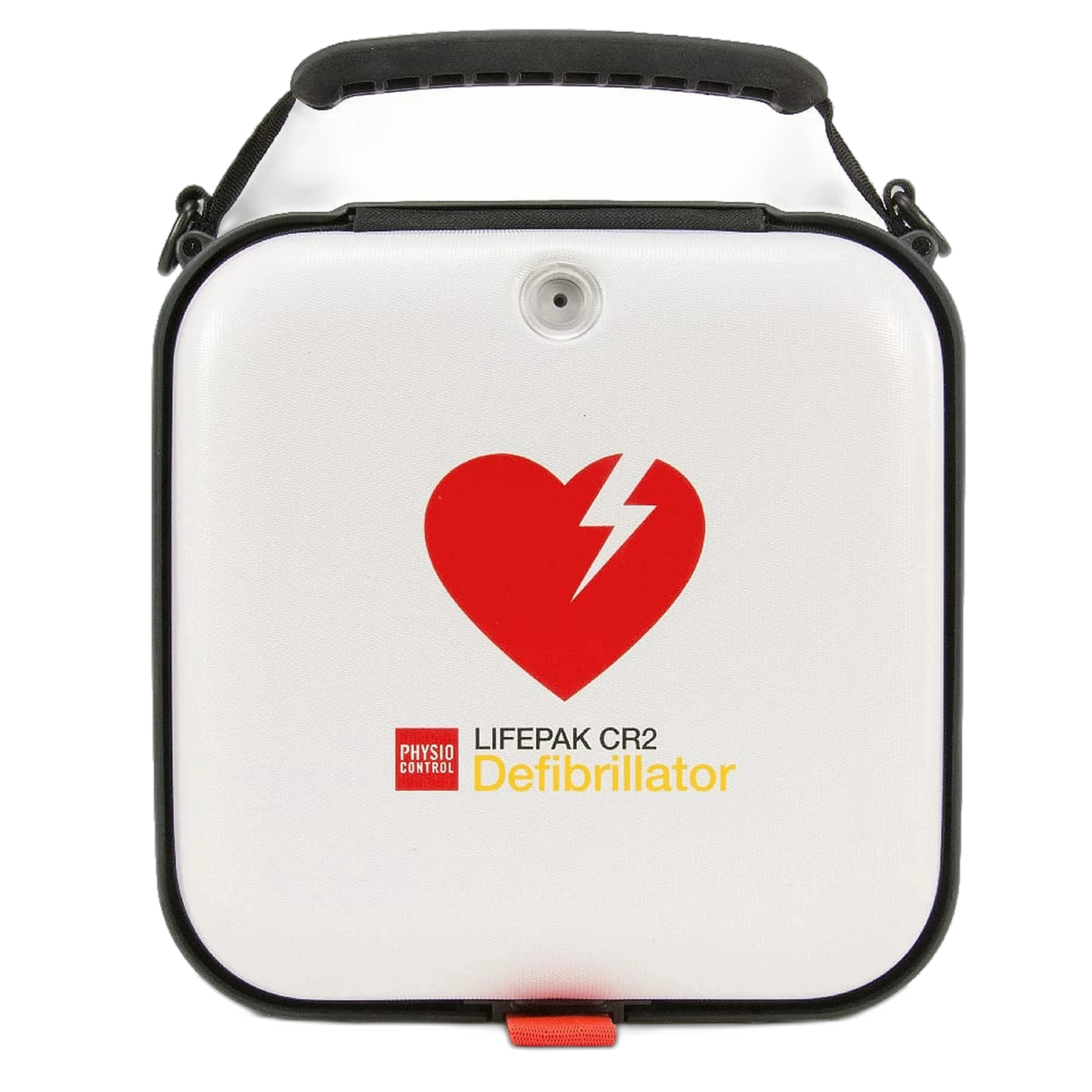LIFEPAK CR2 carry case, white hard-shell case with black trim and handle, red heart logo, and LIFEPAK CR2 Defibrillator lettering