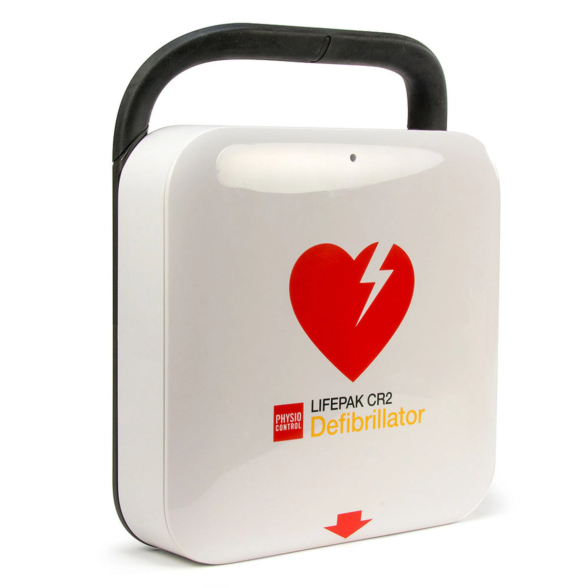 Physio-Control LIFEPAK CR2 defibrillator angled view with the rigid carry handle raised
