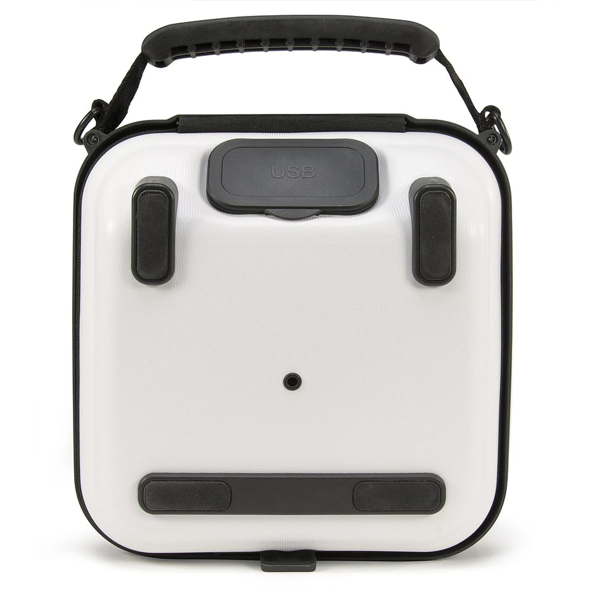 Physio-Control LIFEPAK CR2 defibrillator carry bag, rear view showing the USB port cover and mounting clips