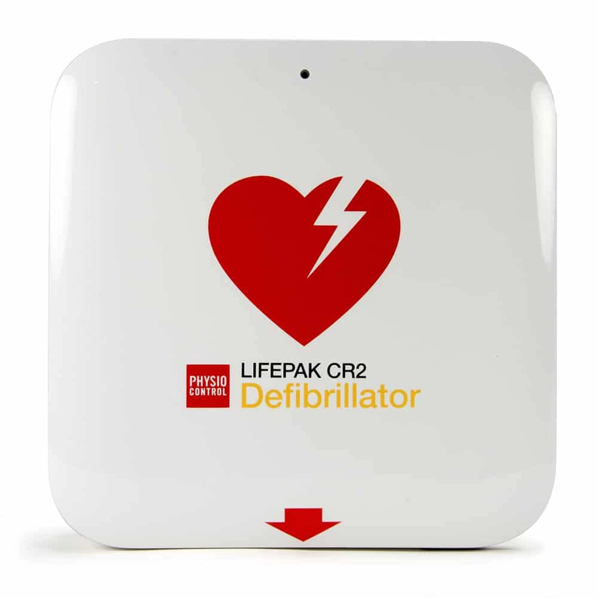 Physio-Control LIFEPAK CR2 defibrillator, closed white case, front view