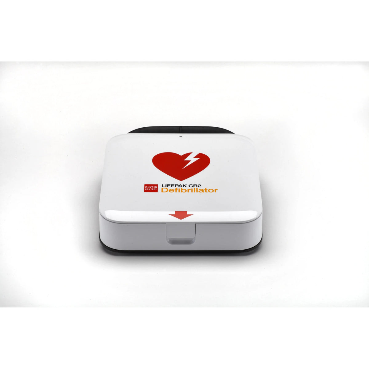 Physio-Control LIFEPAK CR2 defibrillator, closed white case, straight-on front view