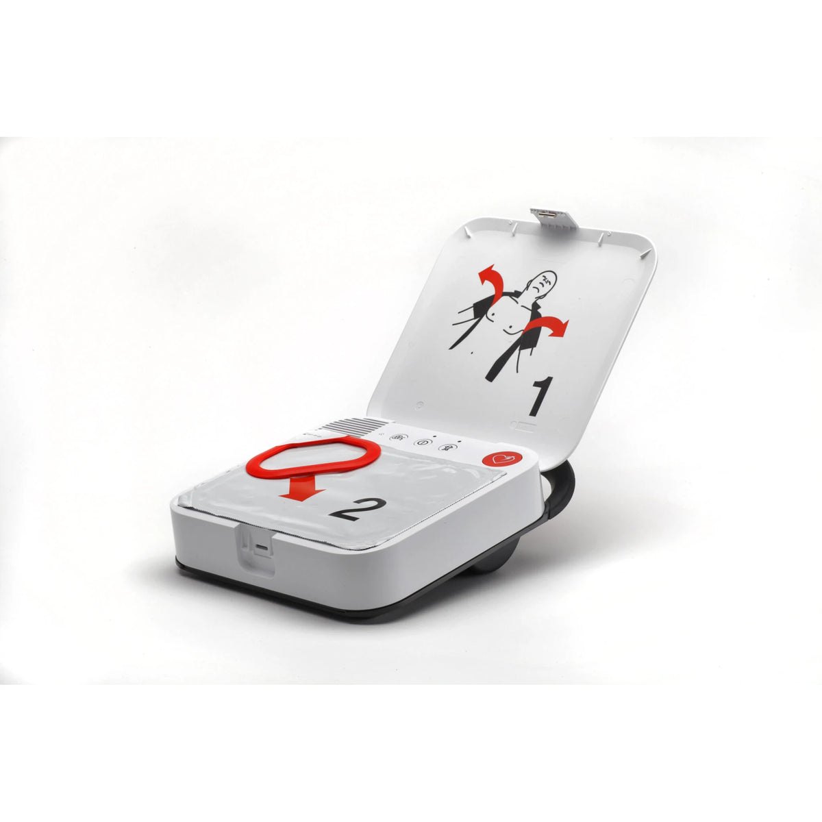 Physio-Control LIFEPAK CR2 defibrillator open, showing the pull-tab electrode pad and numbered rescue steps