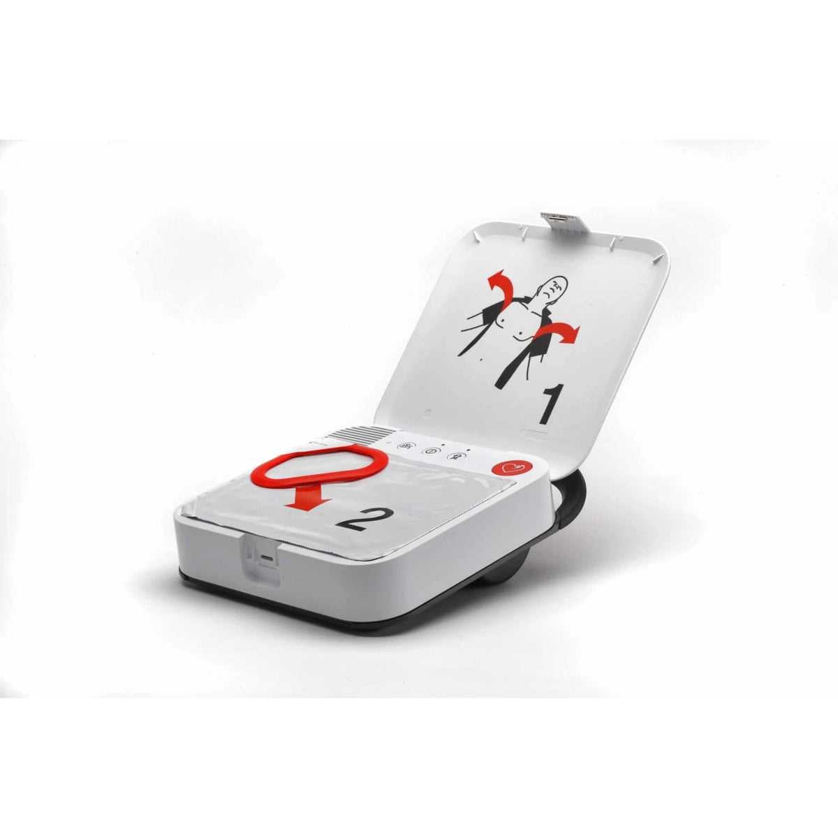 Physio-Control LIFEPAK CR2 defibrillator open, showing the pull-tab electrode pad and numbered rescue steps