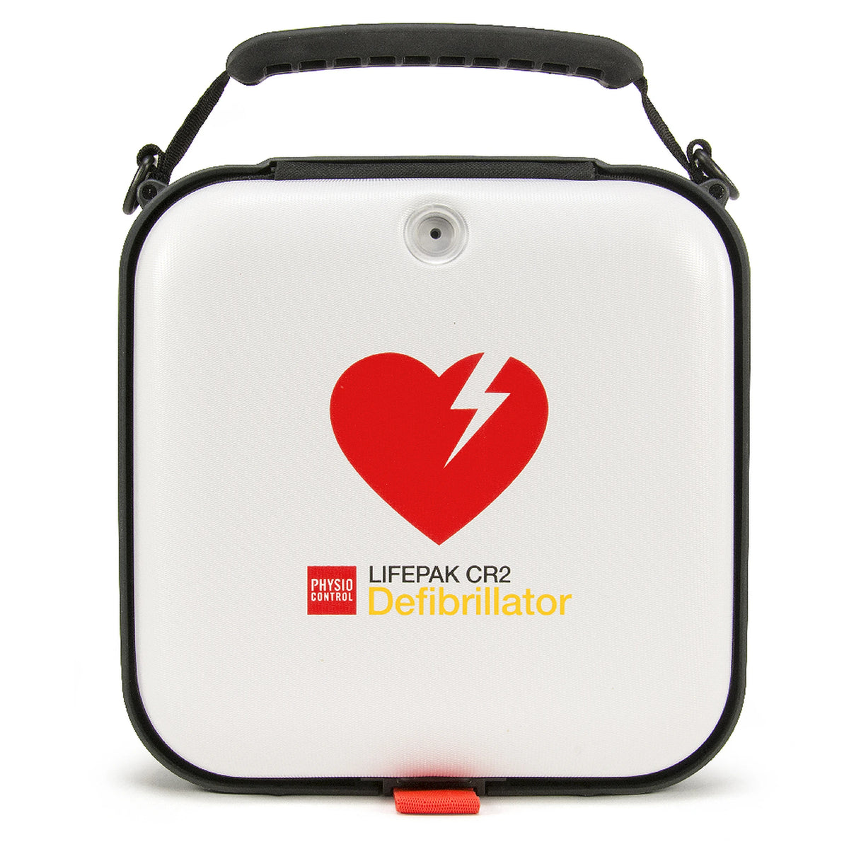 Physio-Control LIFEPAK CR2 defibrillator in its soft carry bag with shoulder strap, front view
