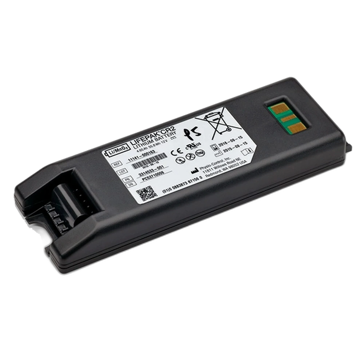 Physio-Control LIFEPAK CR2 non-rechargeable lithium battery, black rectangular pack labeled REF 11141-000163, 12V 4.65Ah 55.8Wh, with gold contact strip