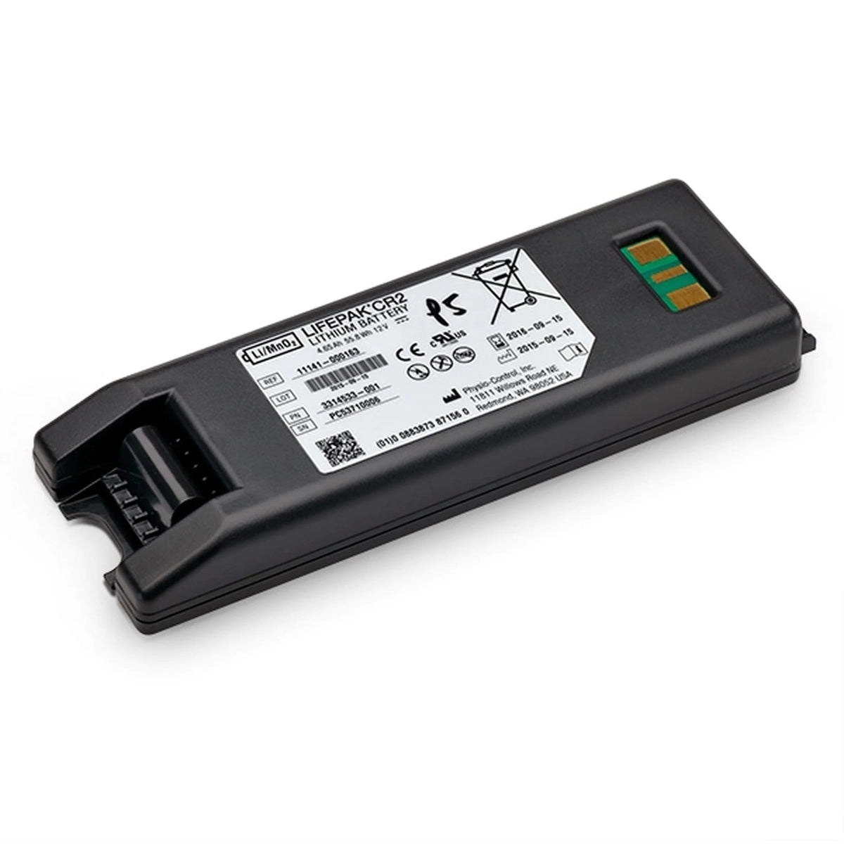 Physio-Control LIFEPAK CR2 non-rechargeable lithium battery, black rectangular pack labeled REF 11141-000163, 12V 4.65Ah 55.8Wh, with gold contact strip