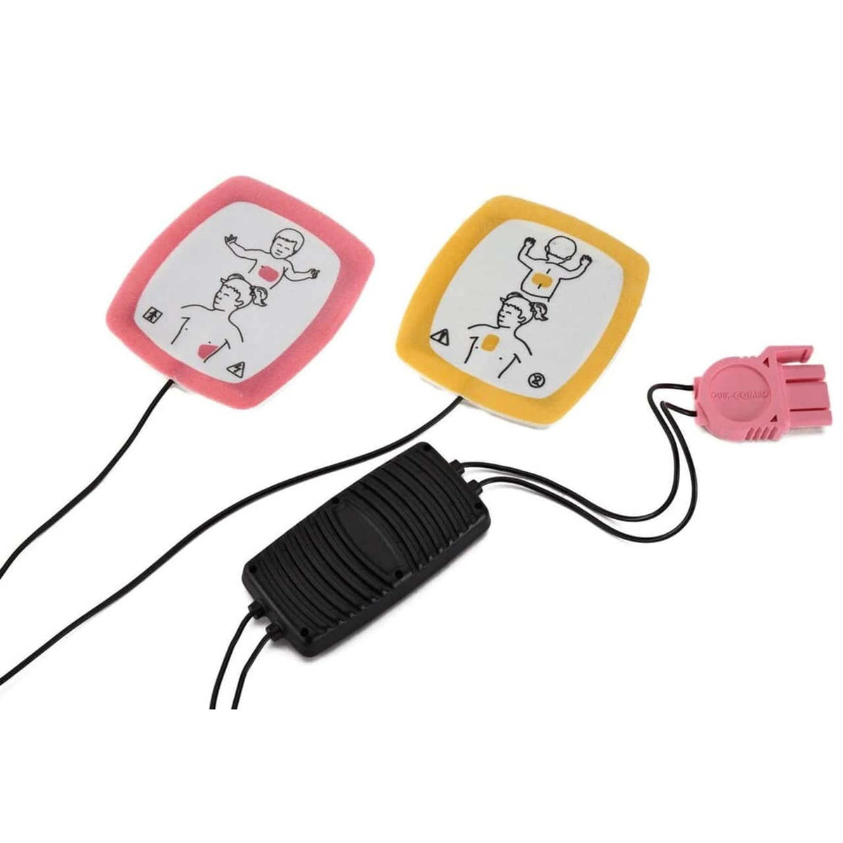 Physio-Control Infant/Child reduced-energy electrode pads removed from packaging, one pink-bordered pad and one yellow-bordered pad with torso diagrams, connected to a black adapter module