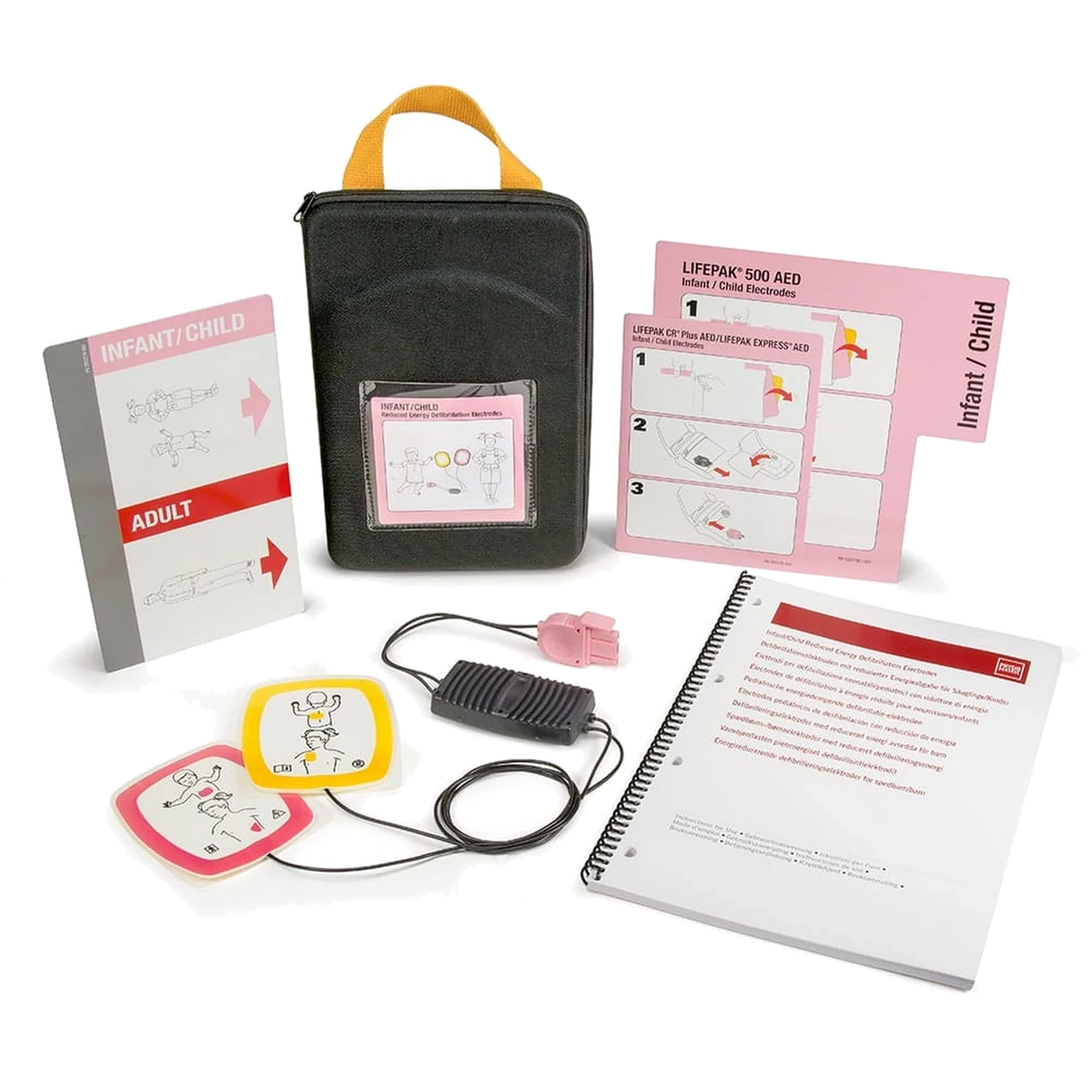 Physio-Control Infant/Child Starter Kit, black zippered carrying case with instruction cards, a sealed Infant/Child electrode pad pouch, spiral-bound manual, and unpackaged pink and yellow pediatric pads with adapter module
