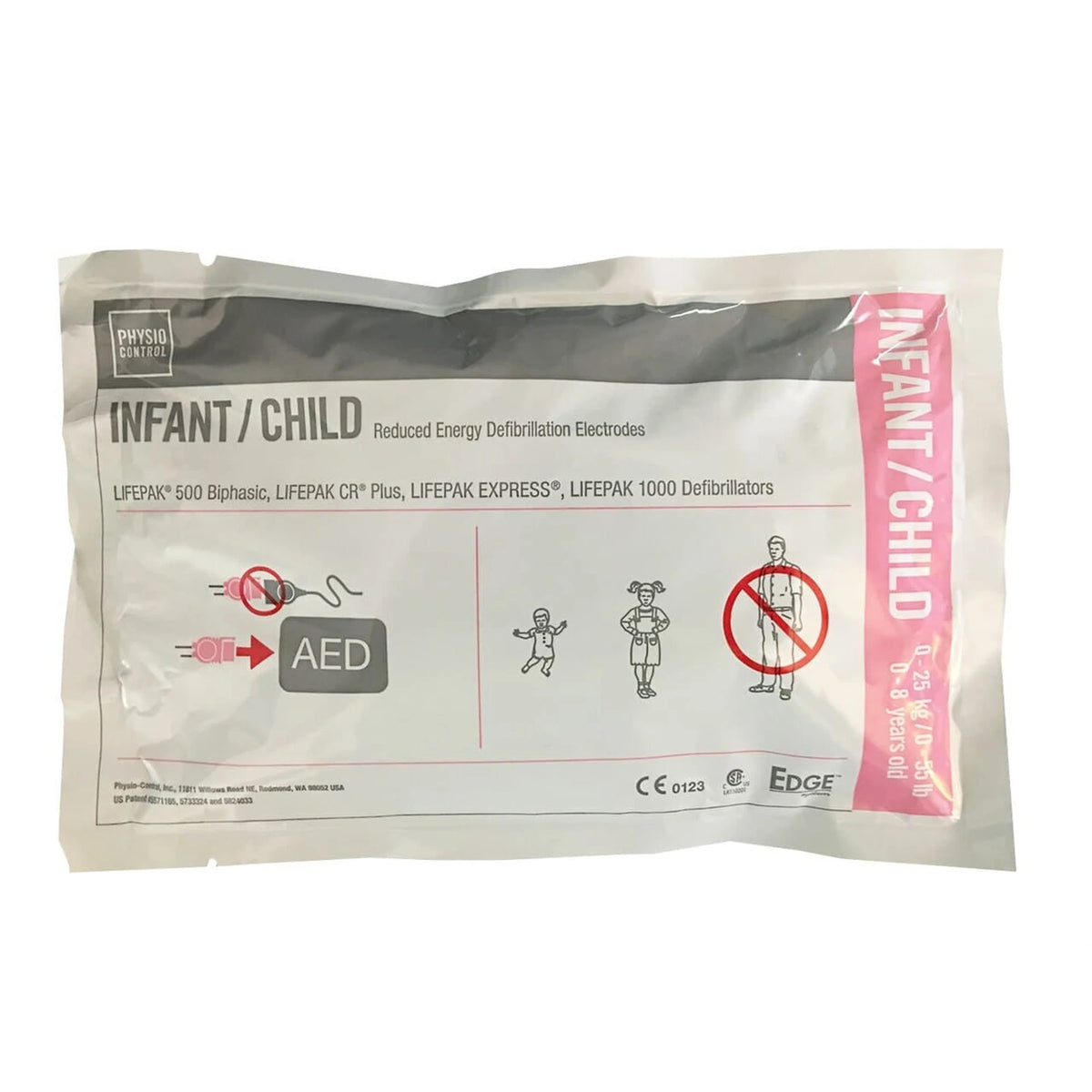 Physio-Control Infant/Child Reduced Energy Defibrillation Electrodes package, sealed pouch labeled for LIFEPAK 500 Biphasic, LIFEPAK CR Plus, LIFEPAK EXPRESS and LIFEPAK 1000 defibrillators, with a pink "Infant/Child" side tab