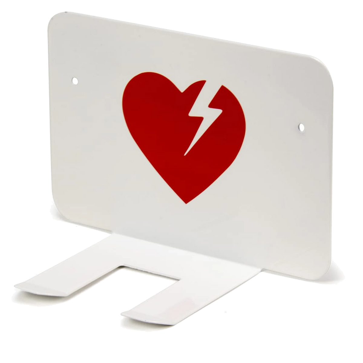 LIFEPAK white AED wall bracket, white metal wall plate with a red heart and lightning-bolt logo