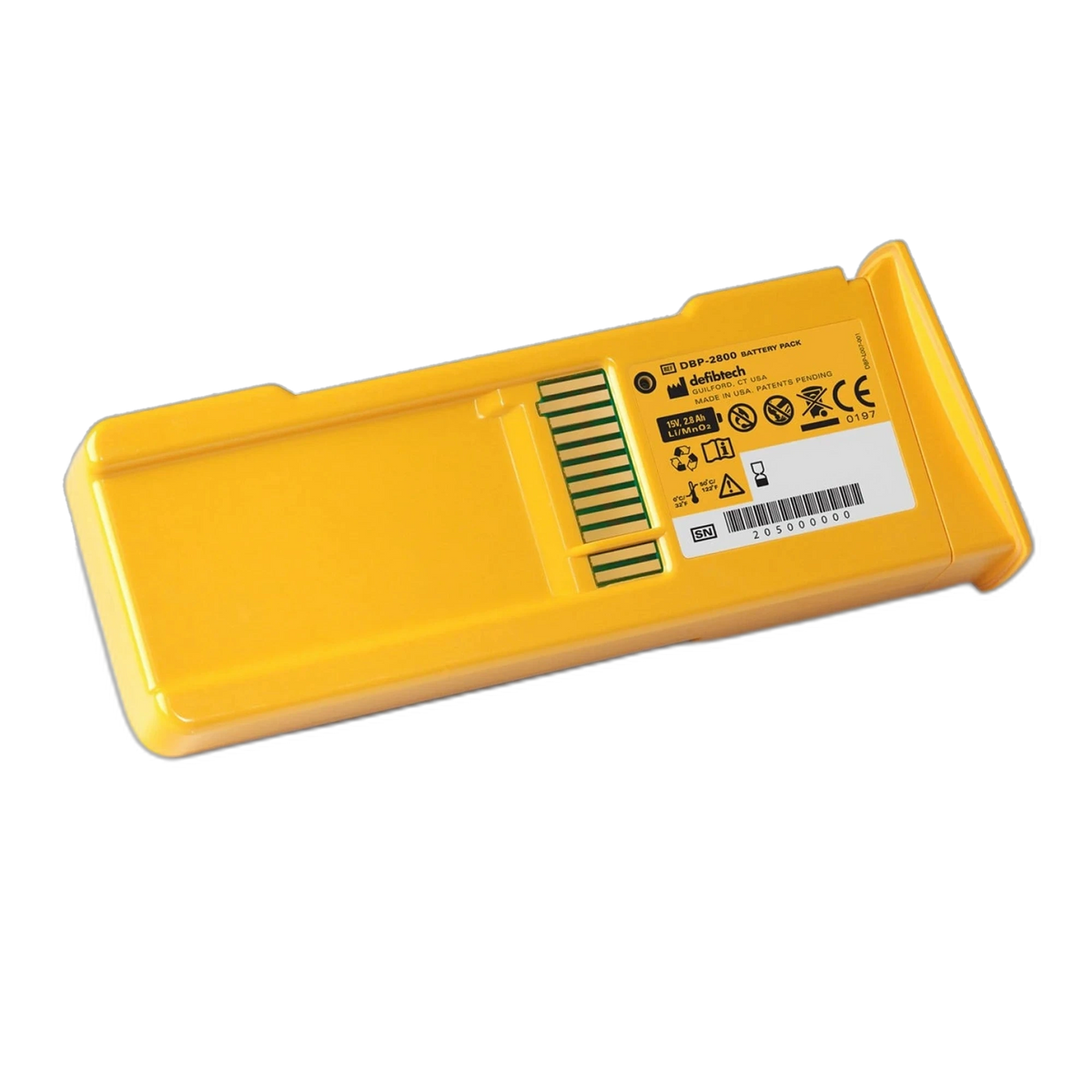 Defibtech DBP-2800 yellow rectangular non-rechargeable battery pack, angled view showing the label with 15V 2.8Ah Li/MnO2 and serial number barcode