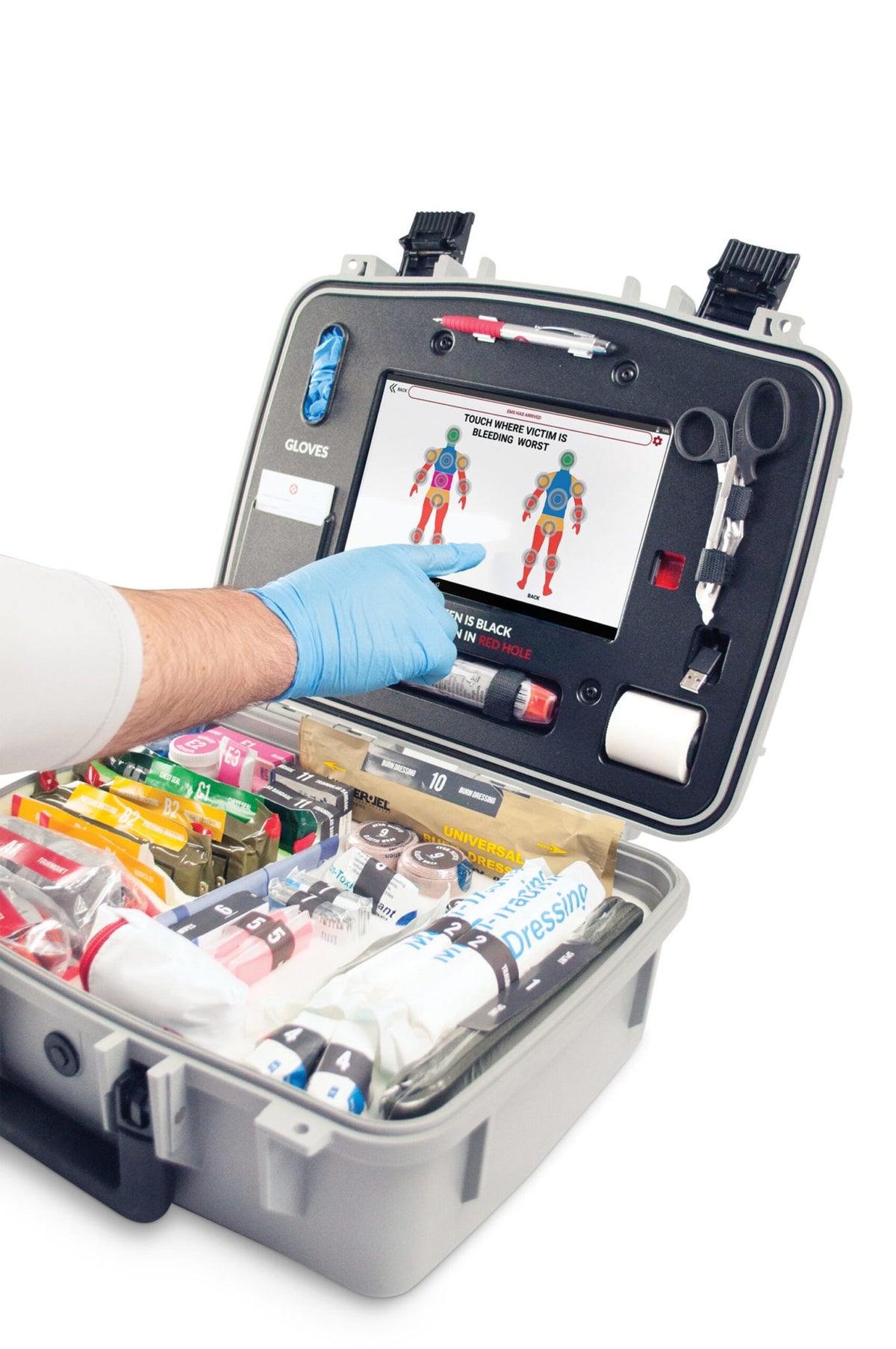 Mobilize COMPREHENSIVE hard case open, showing its integrated tablet and organized trauma supplies