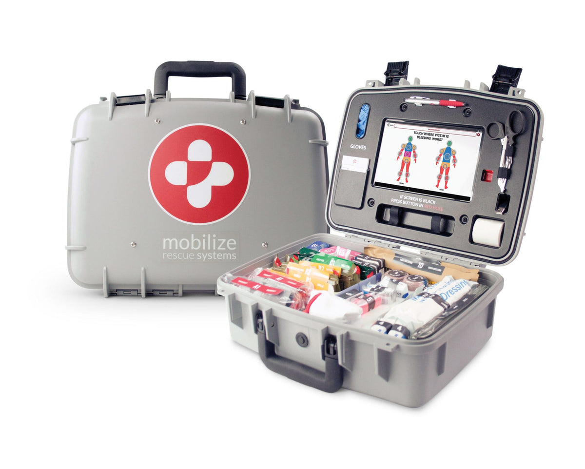 Gloved hand using the tablet in the open Mobilize COMPREHENSIVE rescue case