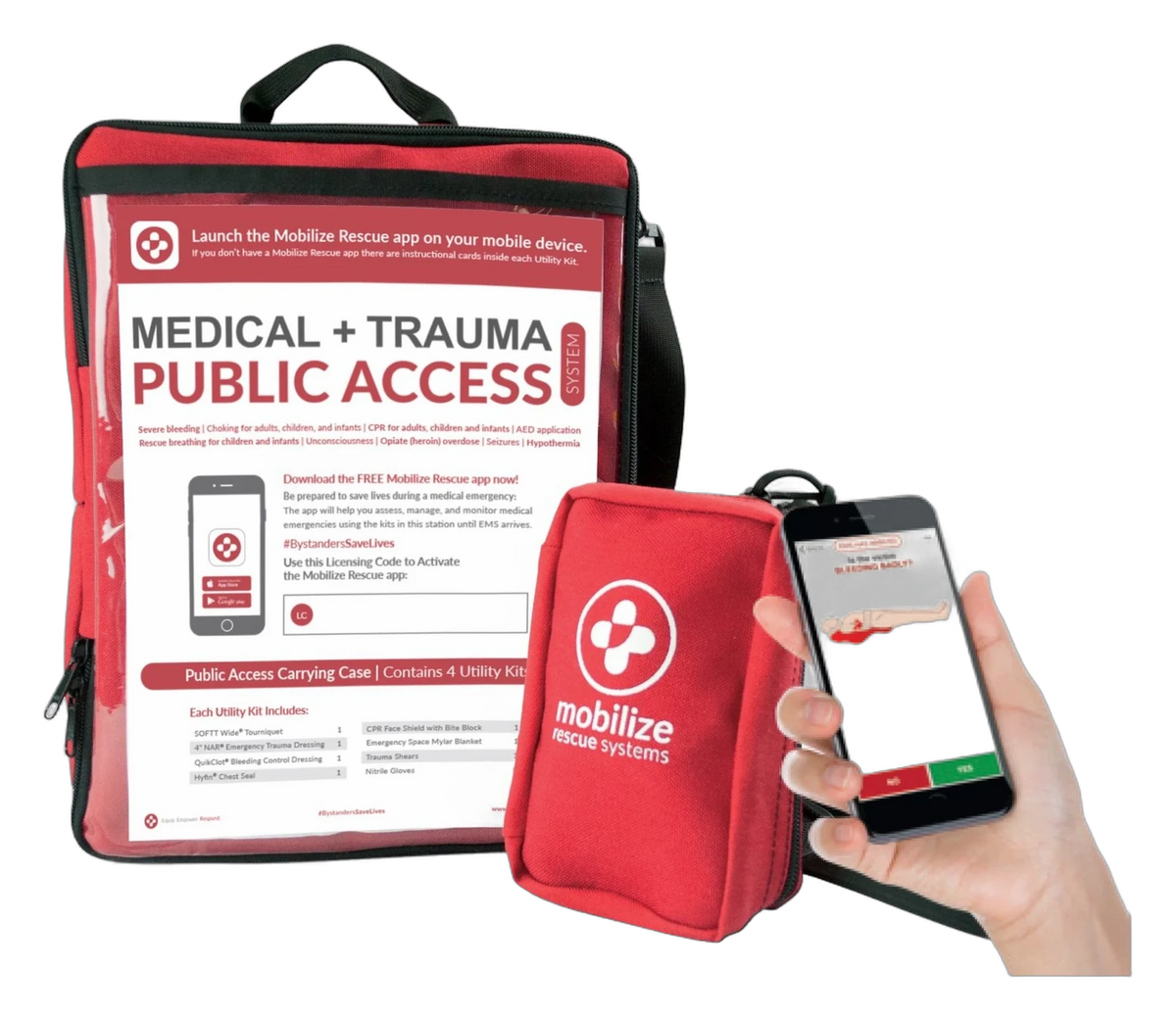 Mobilize PUBLIC ACCESS rescue station red carrying case with a red utility kit and the Mobilize app on a phone