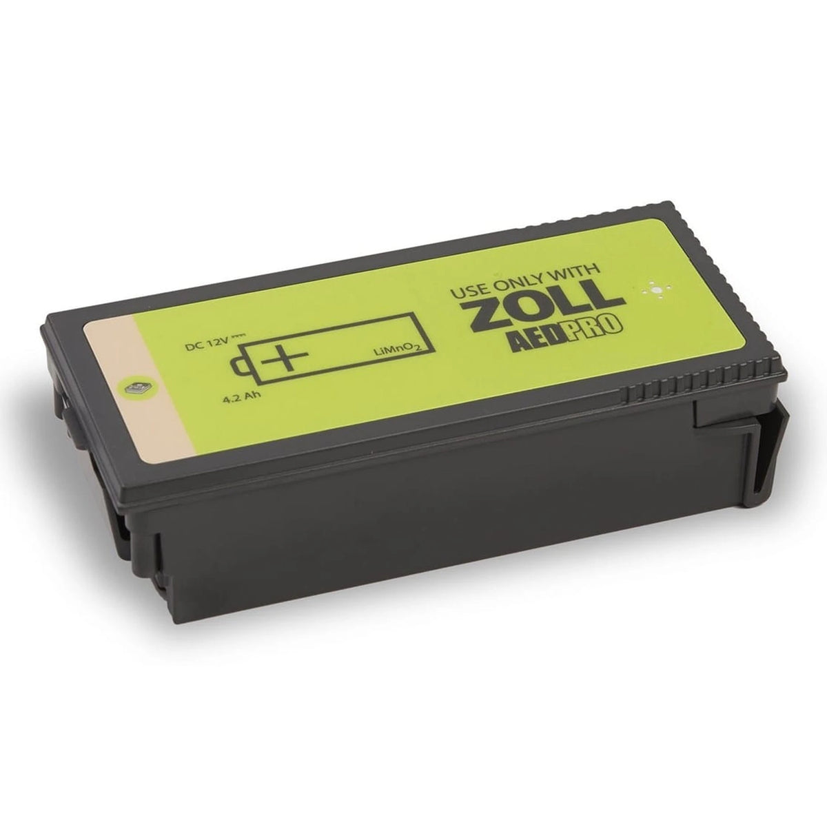 ZOLL AED Pro Battery Pack, angled top view of the black case showing the green "Use Only With ZOLL AED Pro" label, DC 12V 4.2Ah LiMnO2