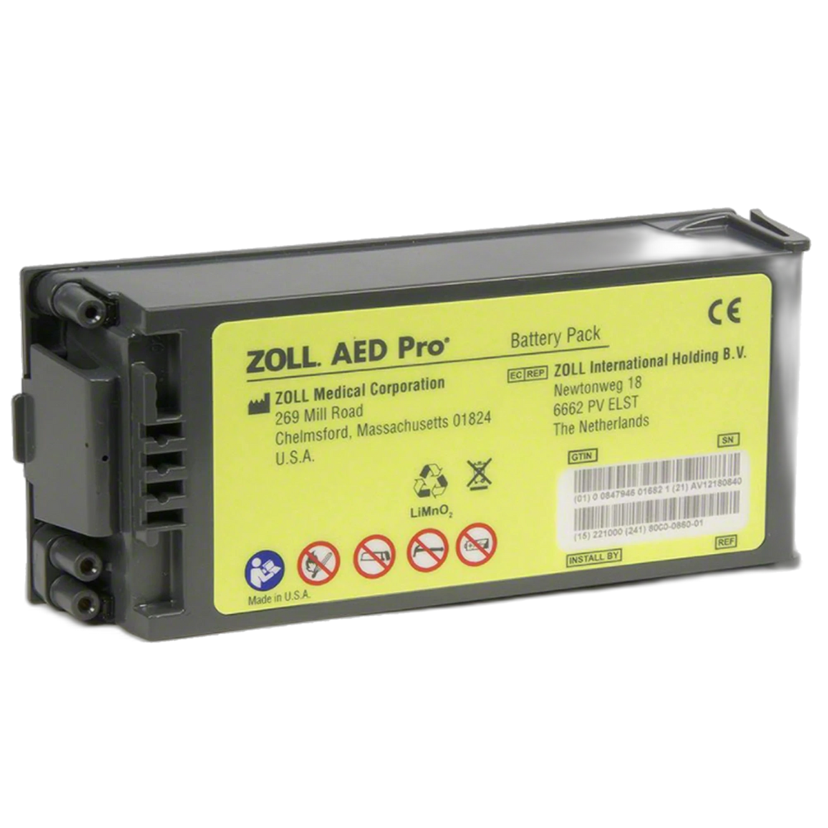 ZOLL AED Pro non-rechargeable lithium Battery Pack, black rectangular pack with yellow label, angled view showing dual connector prongs