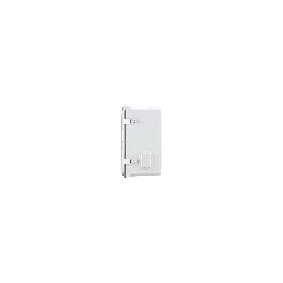 Outdoor AED wall cabinet viewed from the side, clear door closed over the white enclosure with two latch hinges
