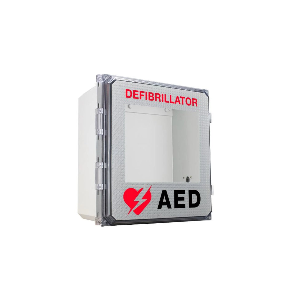 Outdoor AED wall cabinet at an angle, white enclosure with clear door printed DEFIBRILLATOR and the AED heart/lightning-bolt logo, interior shelf visible
