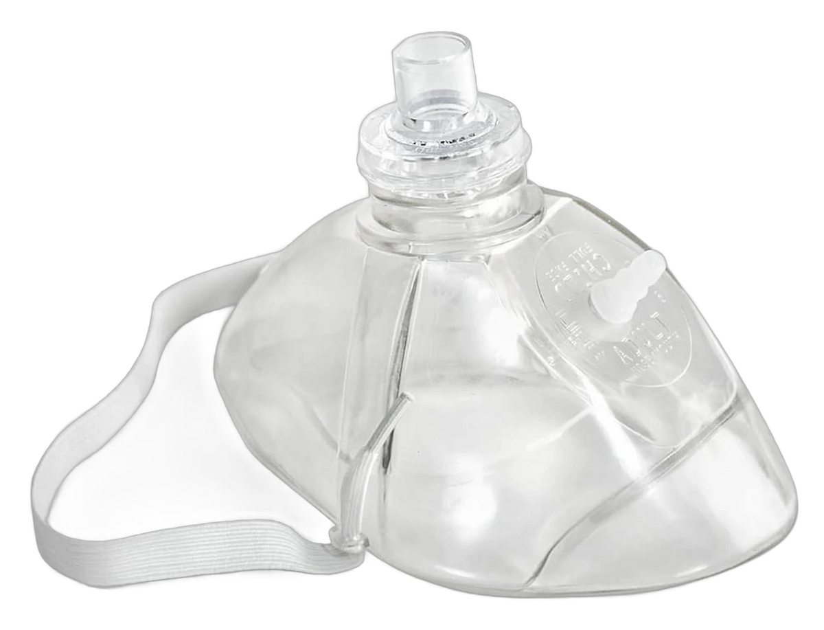 Clear LIFE CPR oxygen mask with one-way valve and elastic head strap