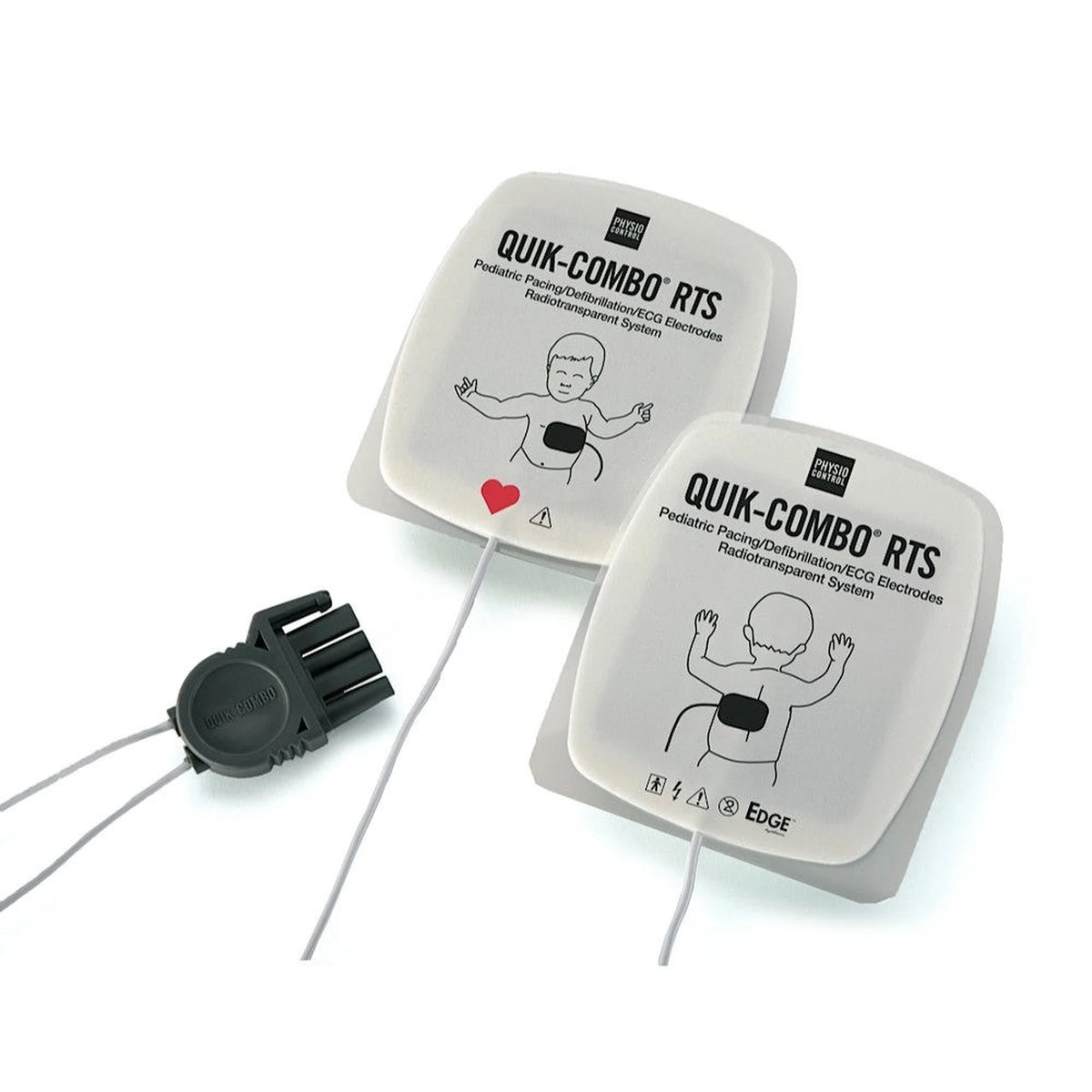 Pair of QUIK-COMBO RTS pediatric electrode pads with lead wires and connector