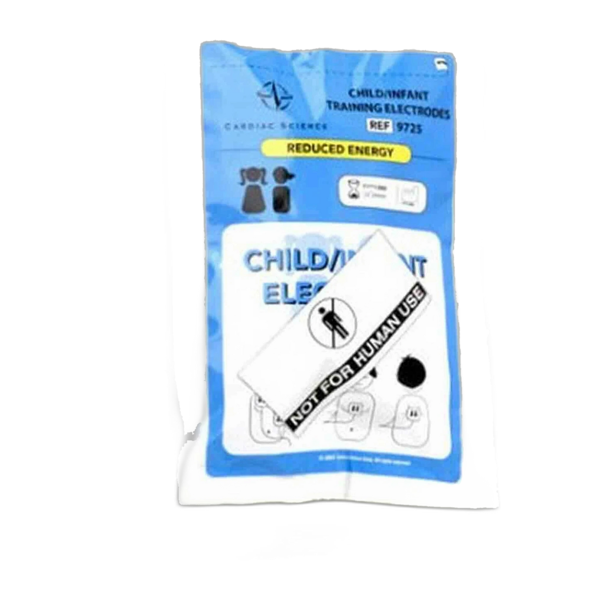 Cardiac Science Child/Infant Training Electrodes package (REF 9725), sealed foil pouch labeled "Reduced Energy" and "NOT FOR HUMAN USE" with child and infant icons