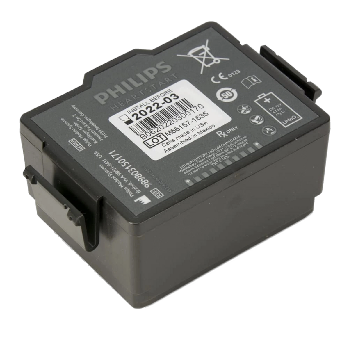 Philips HeartStart FR3 battery, dark gray rectangular non-rechargeable lithium battery pack labeled Install Before 2022-03, DC 12V 4.7Ah LiMnO2
