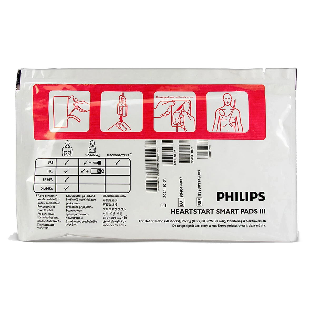 Philips HeartStart Smart Pads III package back label, sealed pouch showing adult/child pad application instructions and a compatibility chart for FR3, FRx, FR2/FR and XL/MRx defibrillators