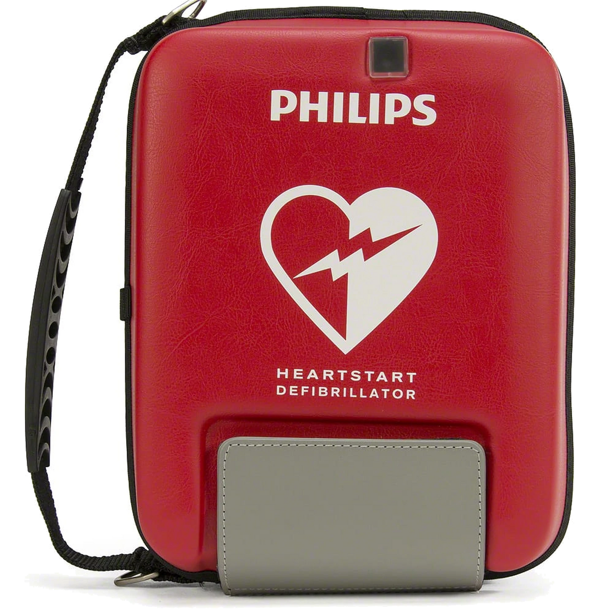 Philips FR3 small carry case, red soft case with shoulder strap, PHILIPS lettering, and HeartStart heart logo