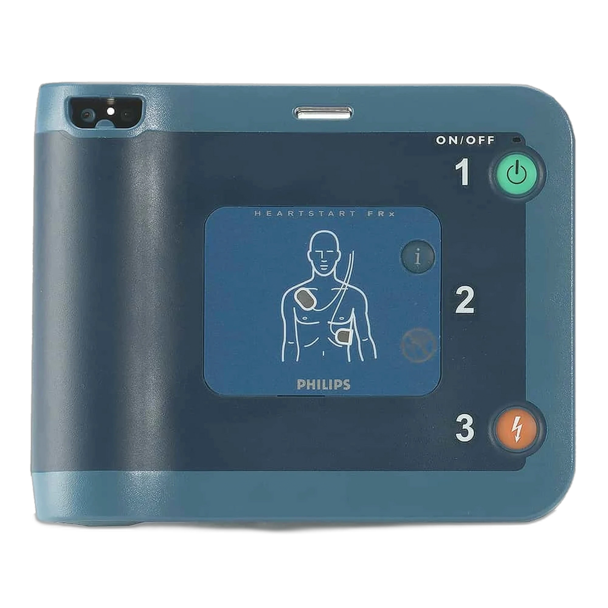 Philips HeartStart FRx AED front view with numbered rescue buttons