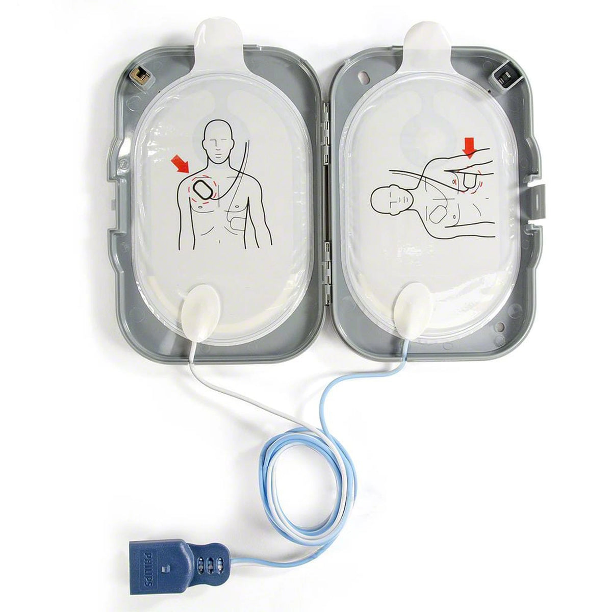 Philips HeartStart FRx Smart Pads II opened, showing the two adult defibrillation pads inside the gray cartridge with placement diagrams and connector