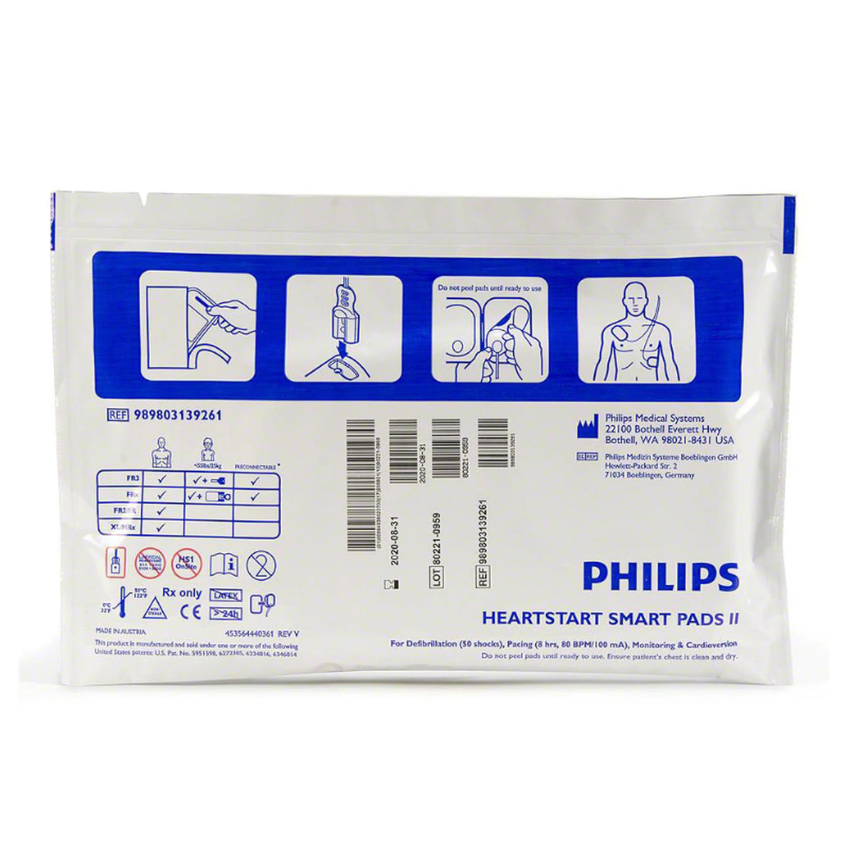 Philips HeartStart FRx Smart Pads II package back label, sealed pouch showing REF 989803139261 with a compatibility chart for FR3, FRx, FR2/FR and XL/MRx defibrillators