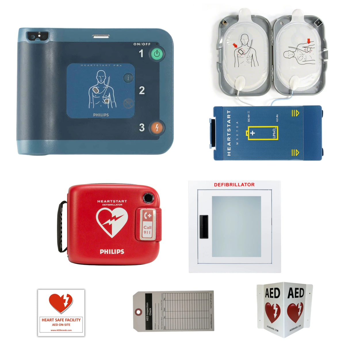 Philips HeartStart FRx AED value package contents grid: FRx defibrillator, adult SMART pads cartridge, M5070A battery, red slim carrying case, wall cabinet, inspection tag, and AED wall sign