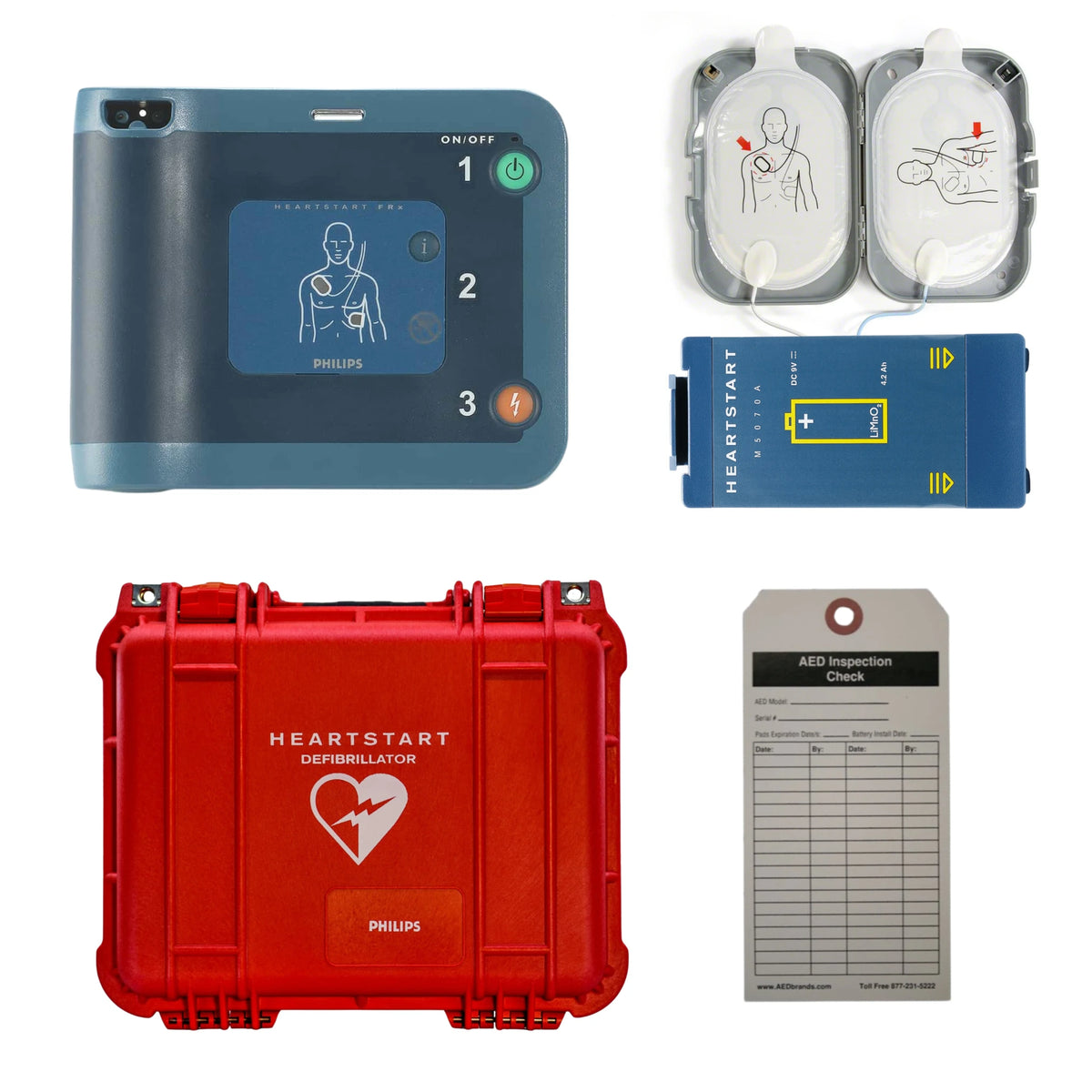 Philips HeartStart FRx AED value package contents grid: FRx defibrillator, adult SMART pads cartridge, M5070A battery, red hard carrying case, and AED inspection tag