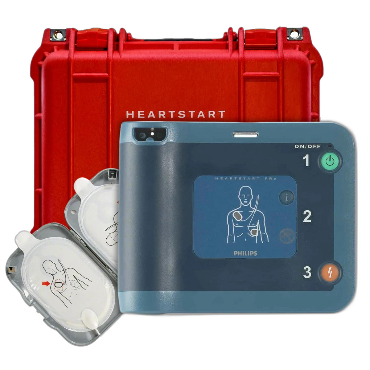 Philips HeartStart FRx AED value package, dark blue-gray FRx defibrillator with adult SMART pads cartridges and a red hard carrying case labeled HeartStart