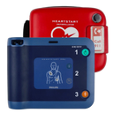 Philips HeartStart FRx AED unit in front of its red soft carry case with a Call 911 pocket