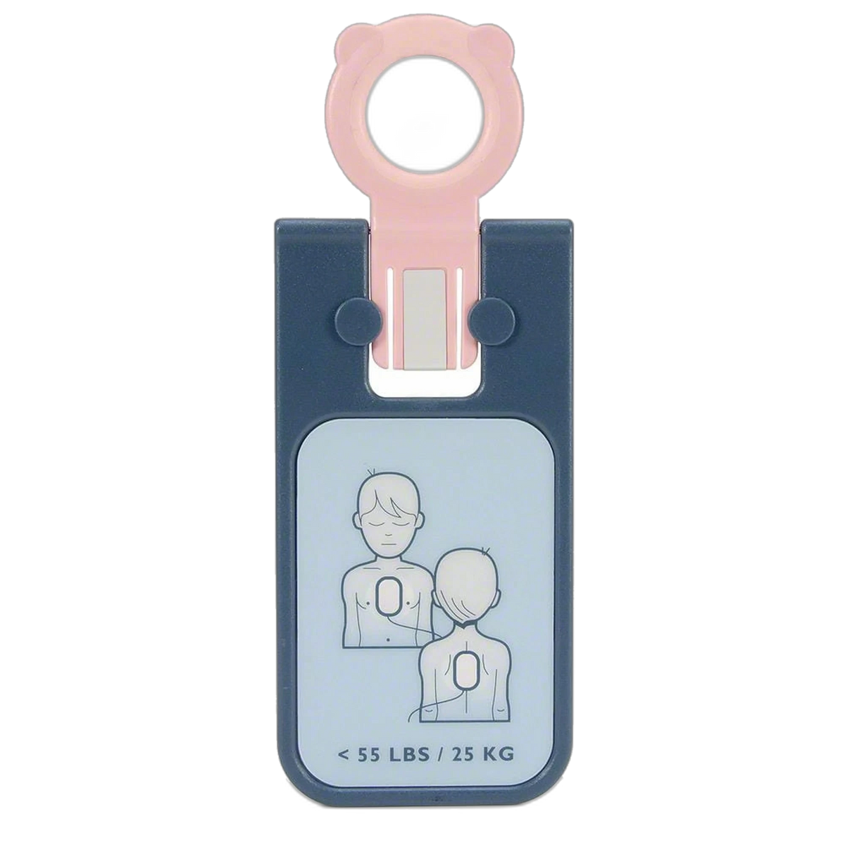 Philips HeartStart FRx Infant/Child Key, pink and dark blue plastic key accessory printed with a child/infant pad placement diagram and "<55 lbs / 25 kg"