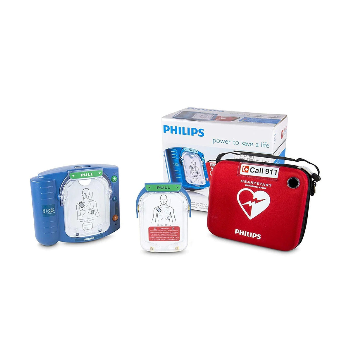 Philips HeartStart Home Defibrillator full package with unit, training pads cartridge, retail box and red carry case