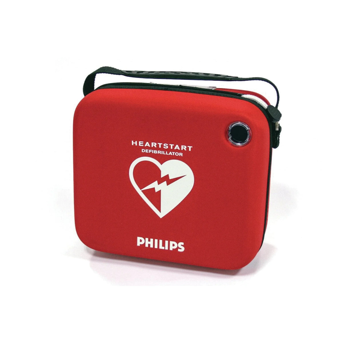 Philips HeartStart Home Defibrillator red carry case with shoulder strap, angled view