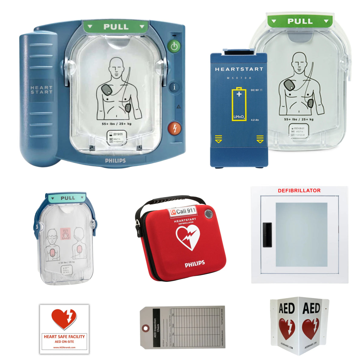 Philips HeartStart OnSite AED value package contents grid: OnSite defibrillator with pads cartridge open, M5070A battery, child/infant pads cartridge, red carrying case, wall cabinet, inspection tag, and AED wall sign