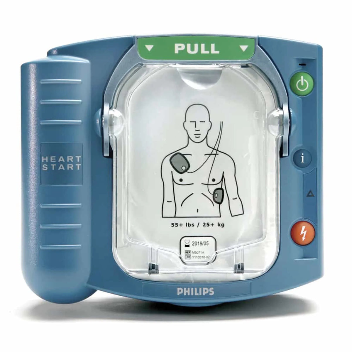 Philips HeartStart Home Defibrillator electrode pad placement diagram on the pad cartridge lid