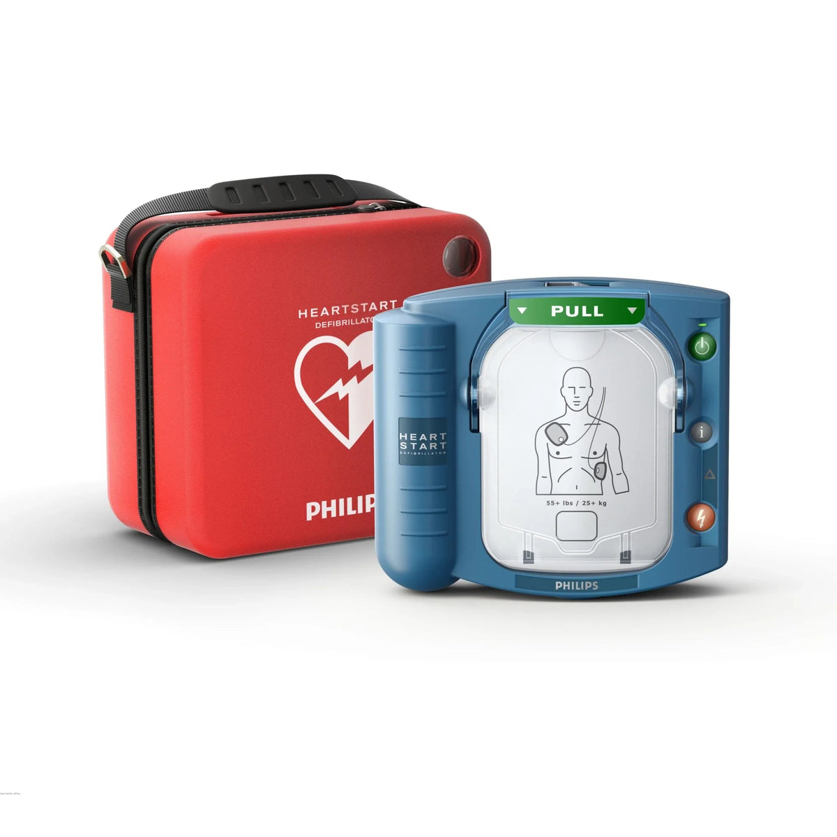 Philips HeartStart OnSite AED red soft carry case beside the unit with electrode pad placement diagram visible