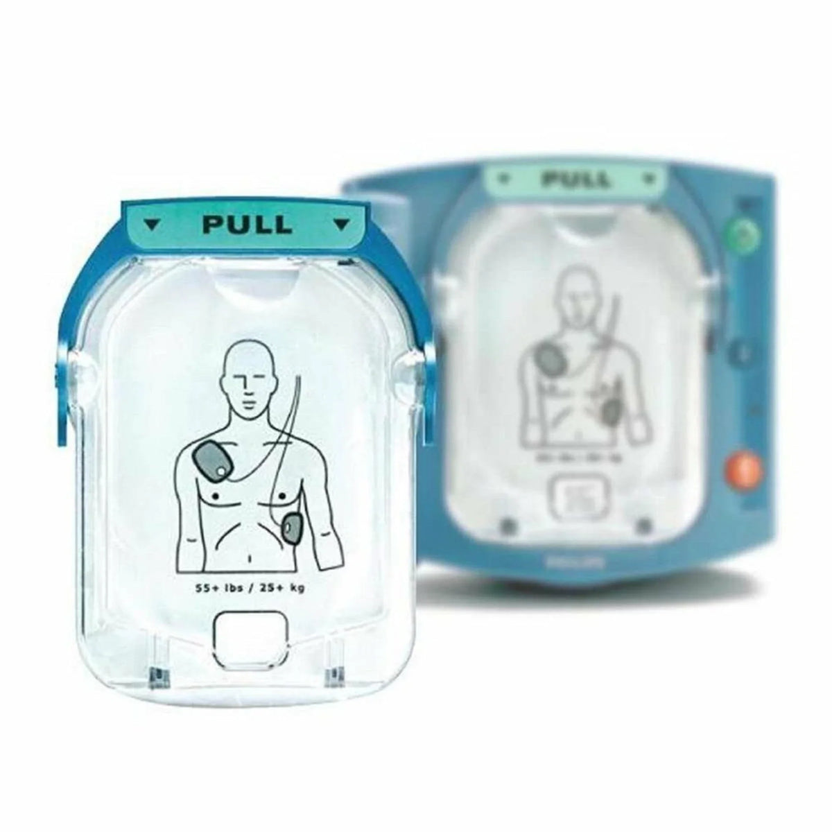 Philips HeartStart OnSite AED two spare Smart Pads cartridges side by side, close-up of the pull-tab pad window