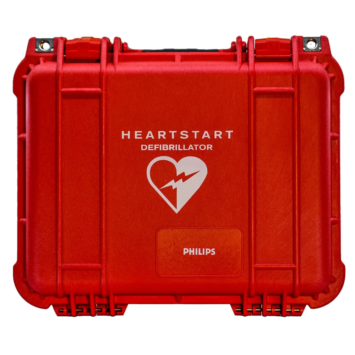 Philips HeartStart FRx AED waterproof hard case with metal latches, closed, front view