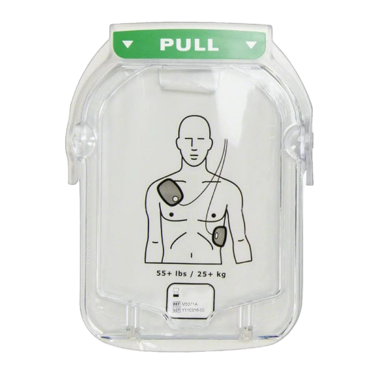 Philips HeartStart OnSite Adult SMART Pads Cartridge, clear plastic pull-tab case labeled "PULL" with an adult torso pad placement diagram and "55+ lbs / 25+ kg"