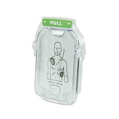 Philips HeartStart OnSite Adult SMART Pads Cartridge, clear plastic pull-tab case labeled "PULL" with an adult torso pad placement diagram and "55+ lbs / 25+ kg", left view