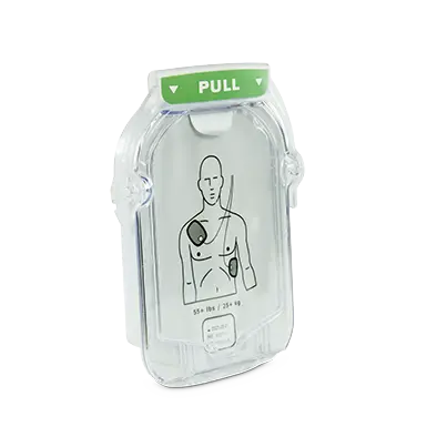 Philips HeartStart OnSite Adult SMART Pads Cartridge, clear plastic pull-tab case labeled "PULL" with an adult torso pad placement diagram and "55+ lbs / 25+ kg", right view.