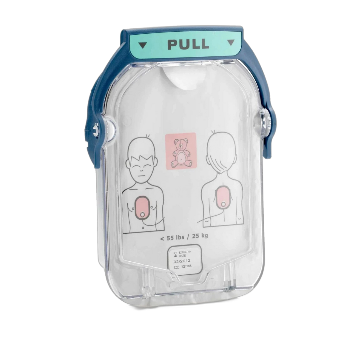 Philips HeartStart OnSite Infant/Child SMART Pads Cartridge, clear plastic pull-tab case labeled "PULL" with child and infant torso pad placement diagrams and a teddy bear icon, "<55 lbs / 25 kg"