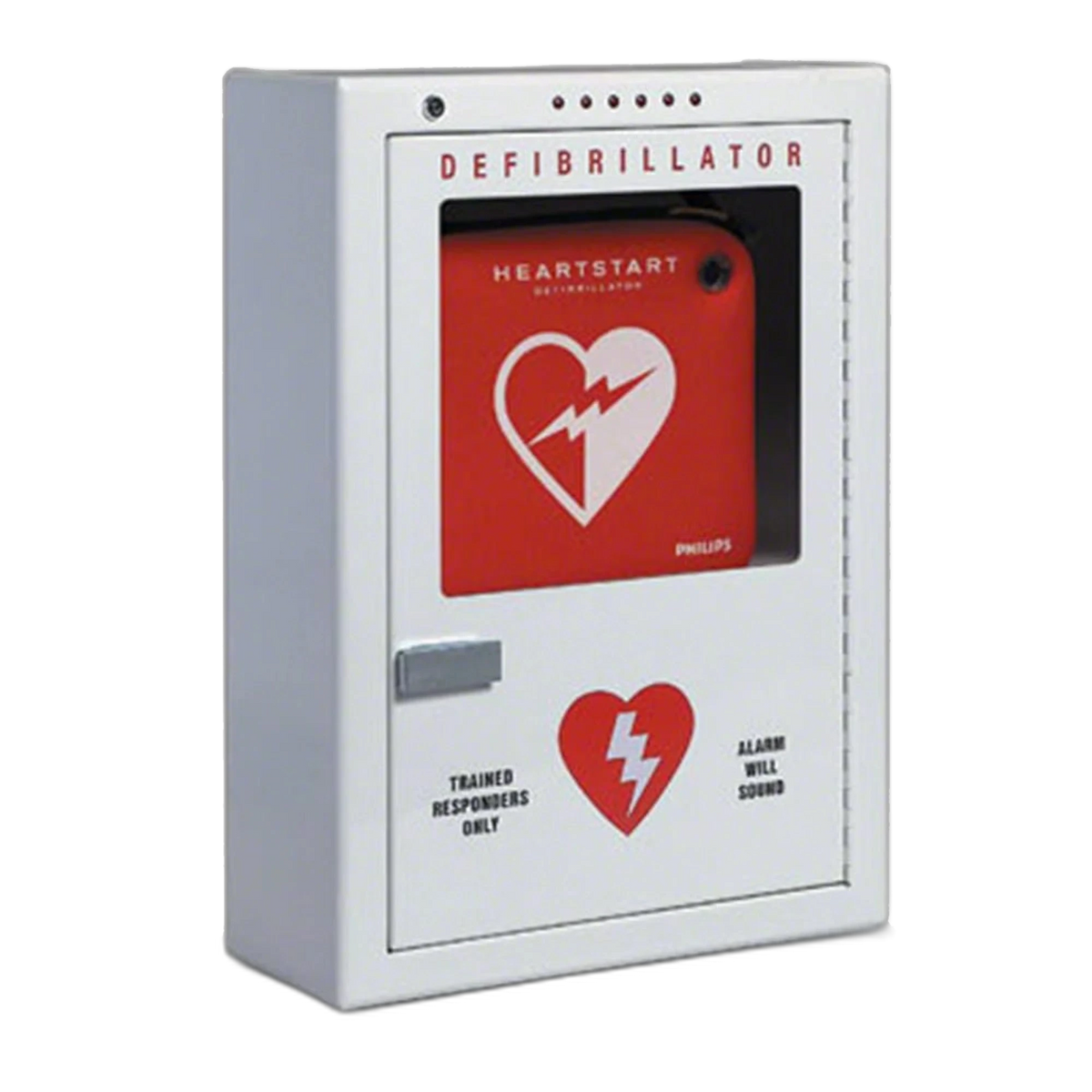 Philips brand premium surface mount AED cabinet, white cabinet with a red HeartStart AED behind the window, TRAINED RESPONDERS ONLY and ALARM WILL SOUND labels