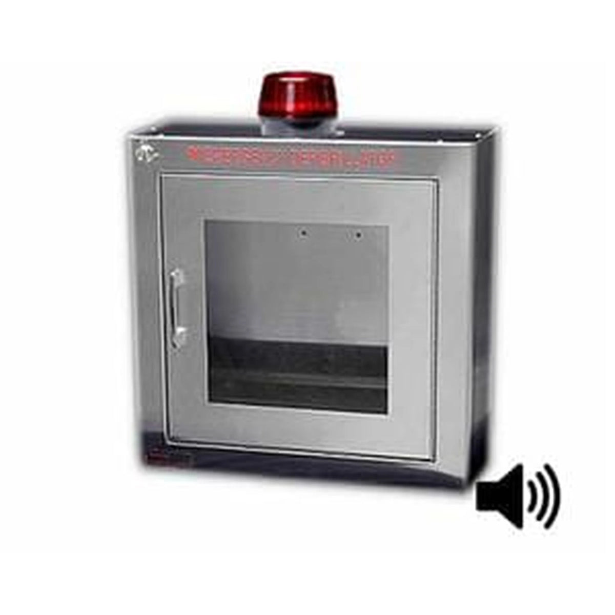Stainless steel AED cabinet with red strobe light on top, clear window, silver handle, and speaker icon